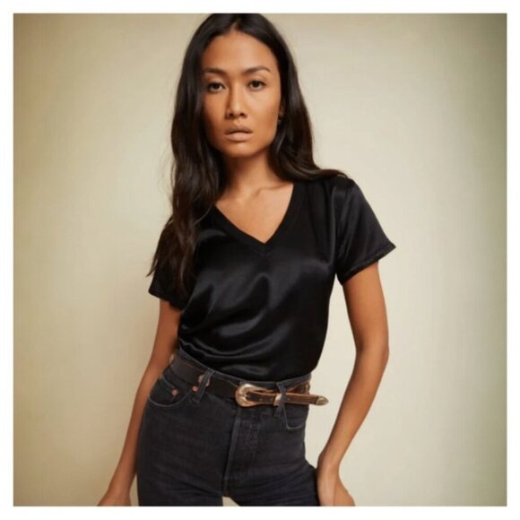 NATION LTD • June Sateen V-Neck Tee in Black - Picture 1 of 11